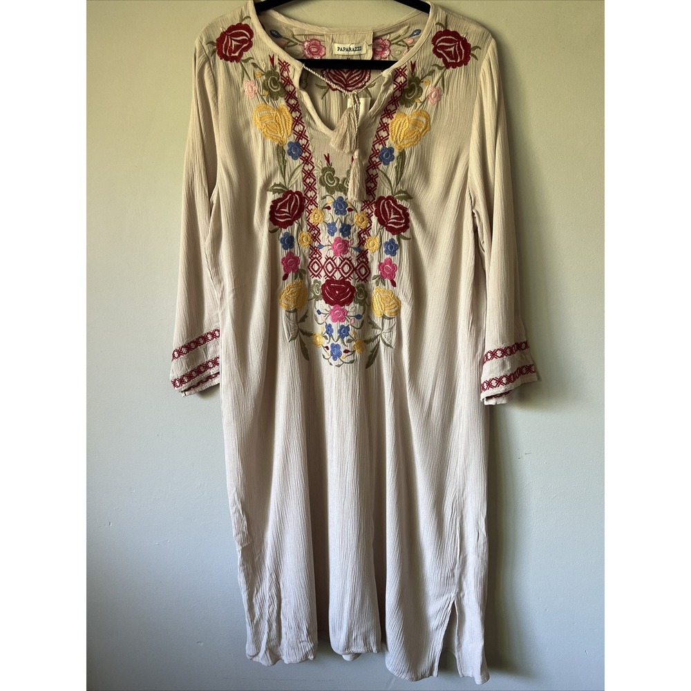 Paparazzi Top Women Beige Embroidered Floral Tunic 3/4 Sleeve Boho Dress Size M